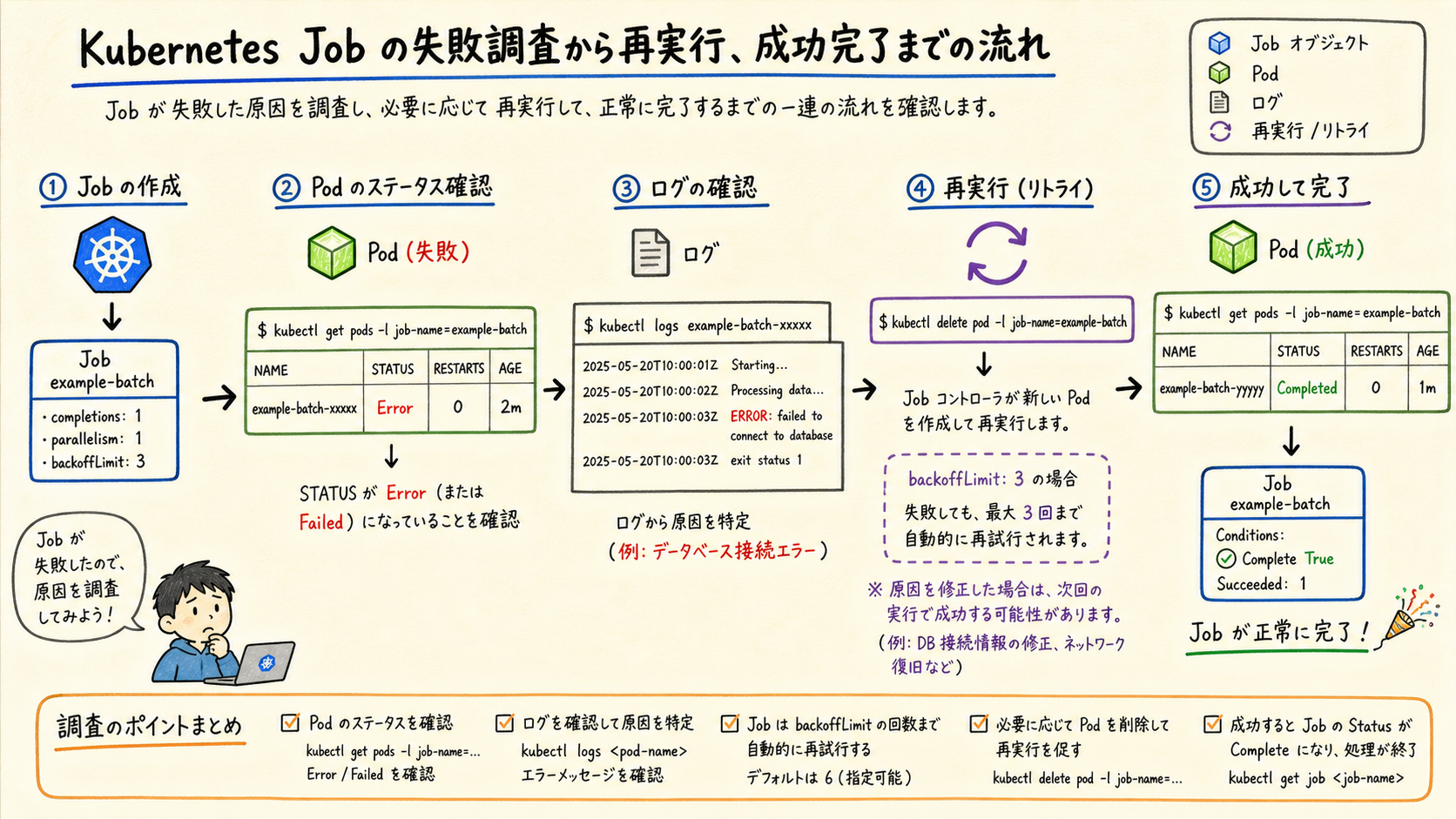 イメージ参照先とログを確認し、失敗時は原因を残して再実行する。