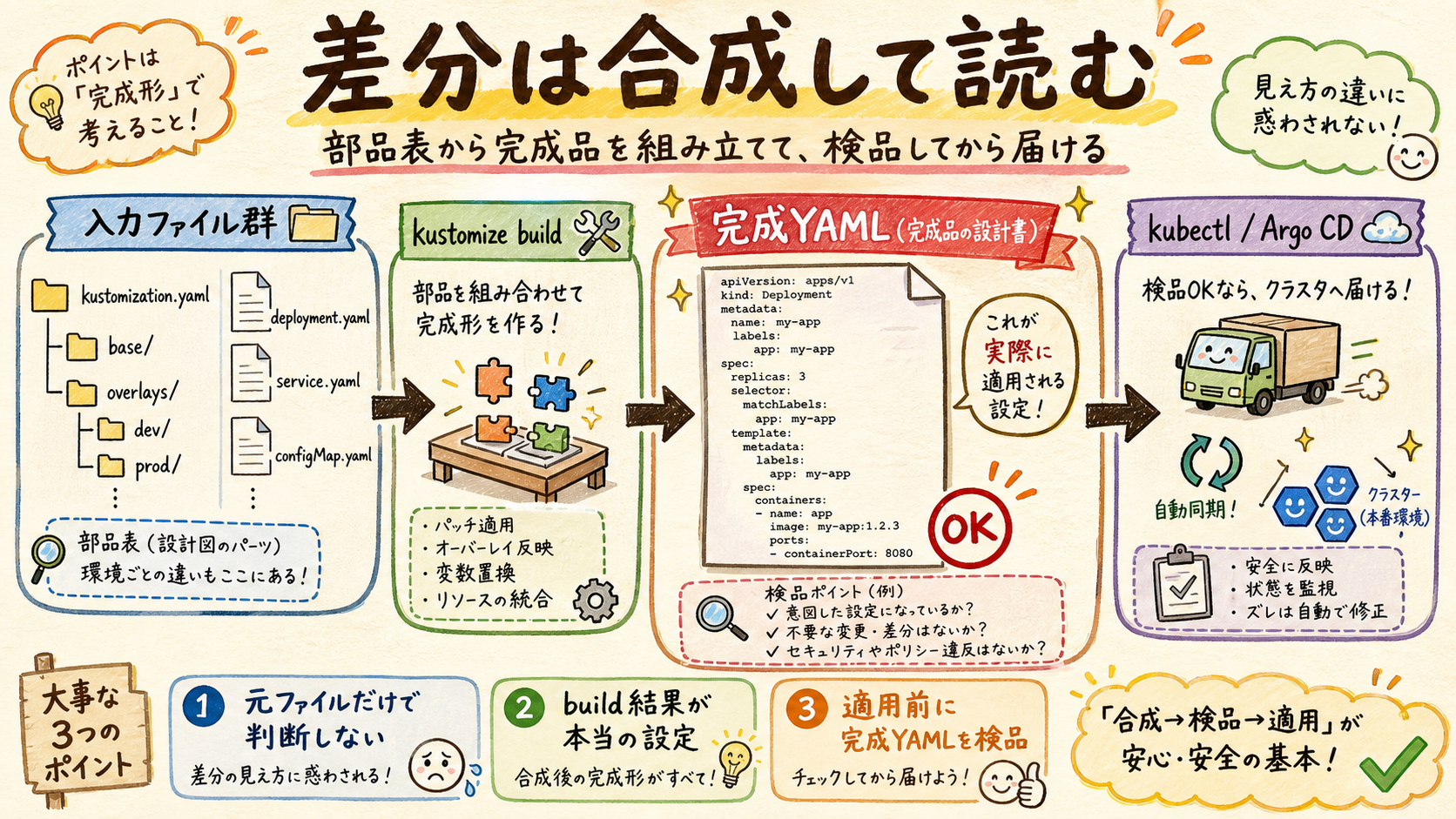 入力ファイル群→kustomize build→完成YAML→kubectl/Argo CD