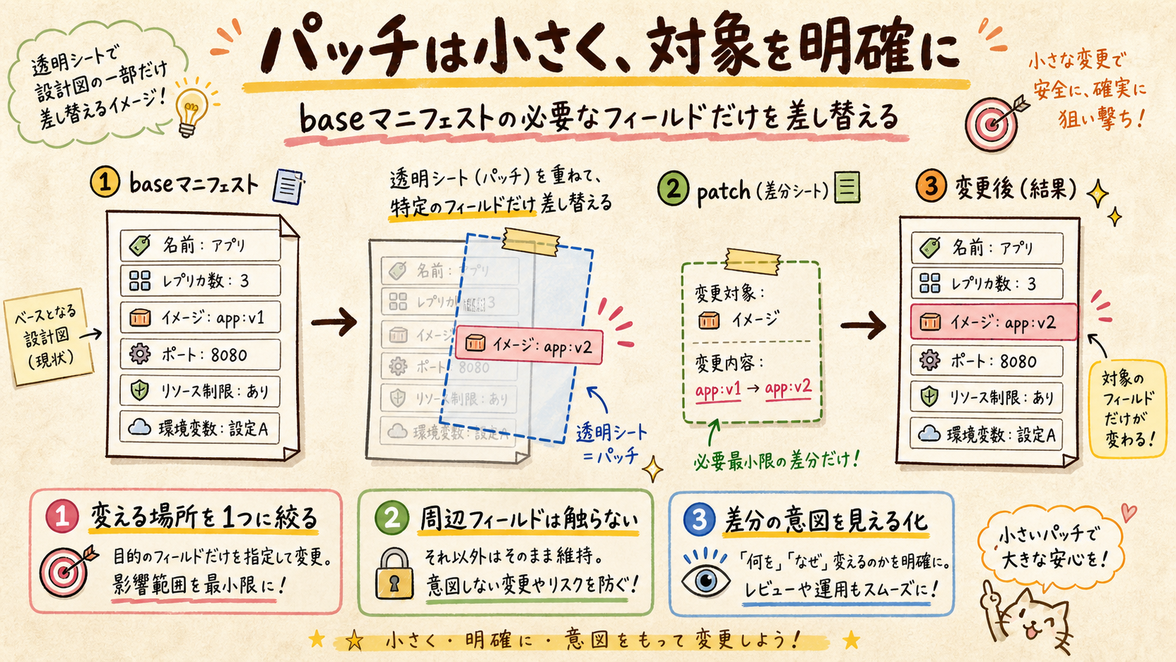 baseマニフェストの特定フィールドだけがpatchで変わる比較図