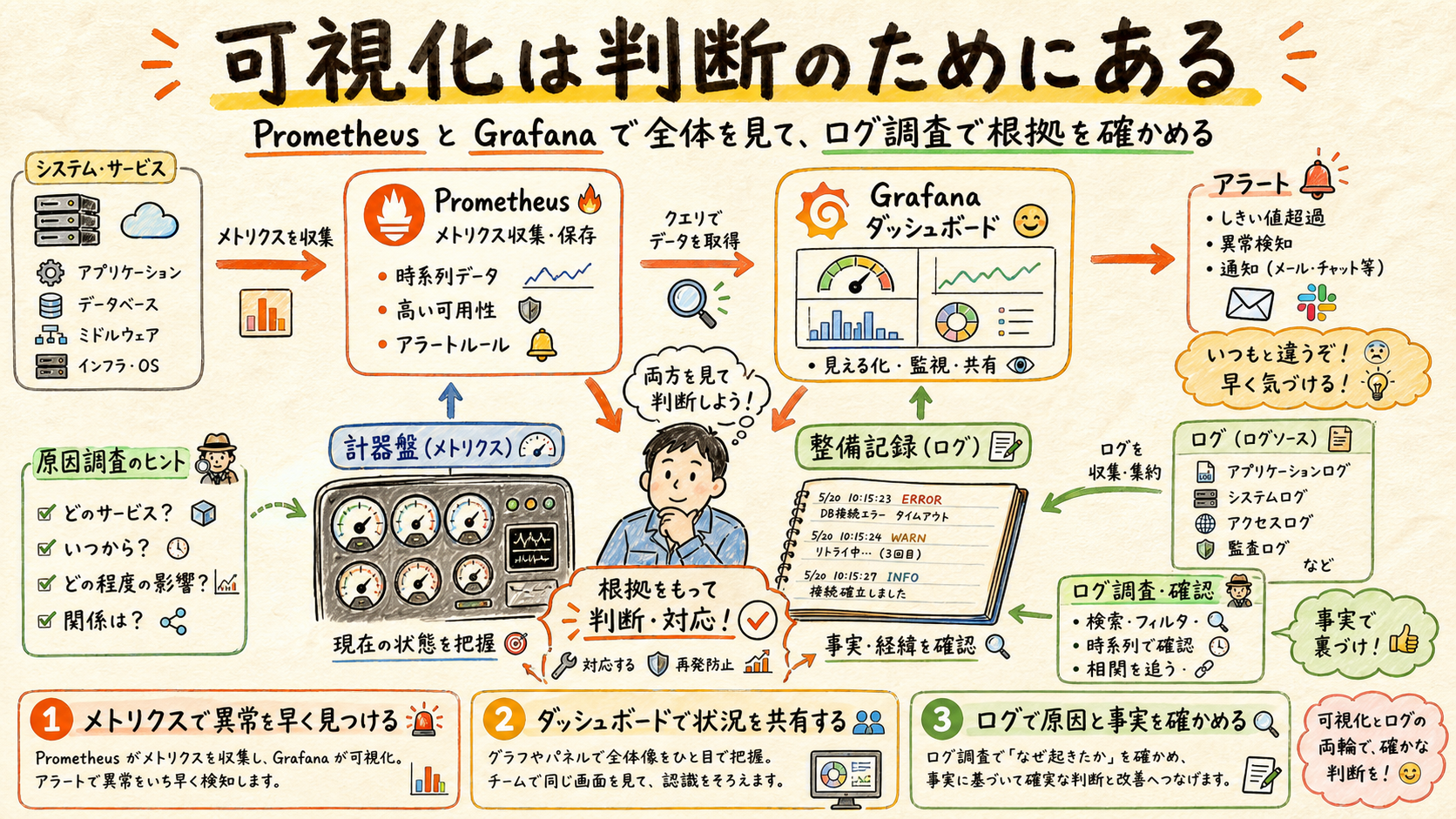 Prometheus→Grafanaダッシュボードと、ログ調査の補完関係