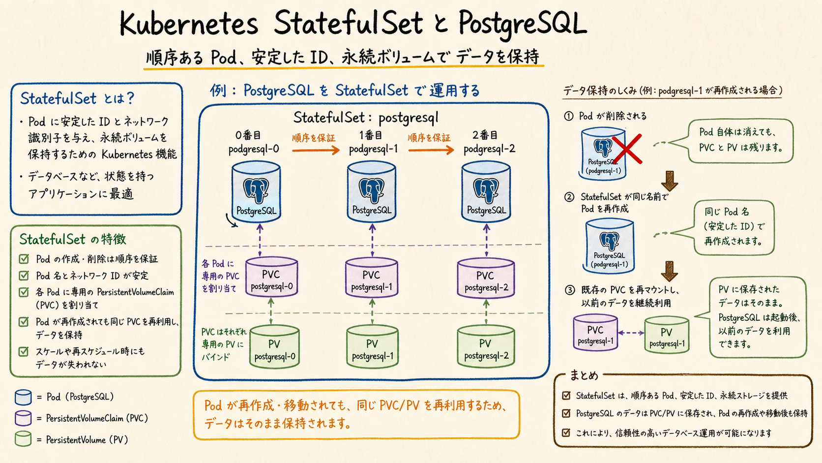 StatefulSetは順序と安定した名前が必要なPod向けのワークロードである。