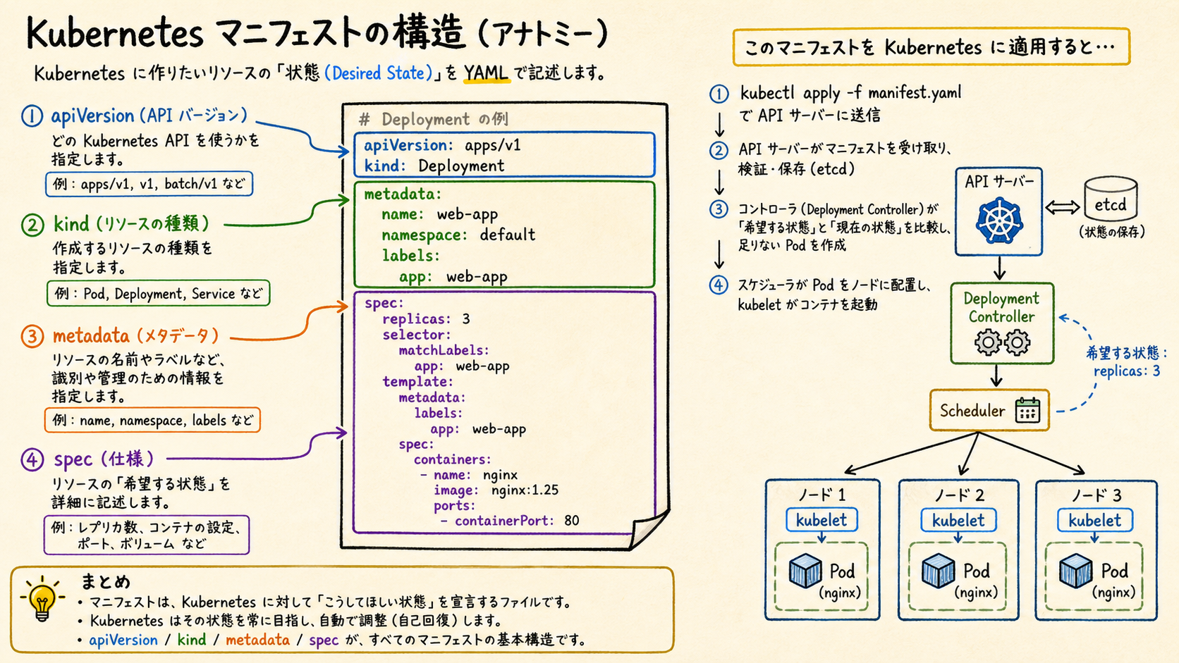マニフェストはAPI version、kind、metadata、specを軸に読む。