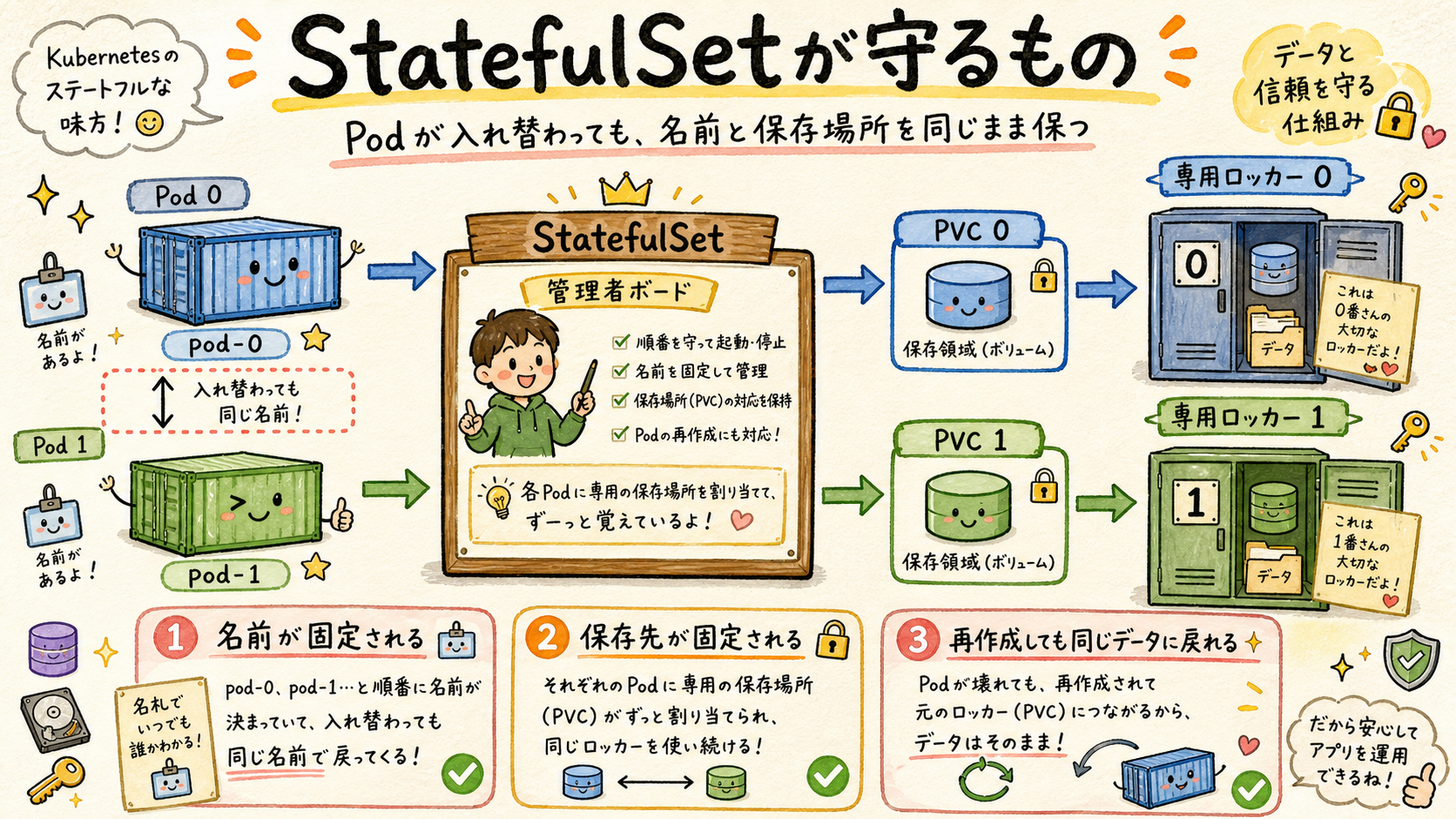 StatefulSetのpod-0/pod-1とPVCの対応を示す