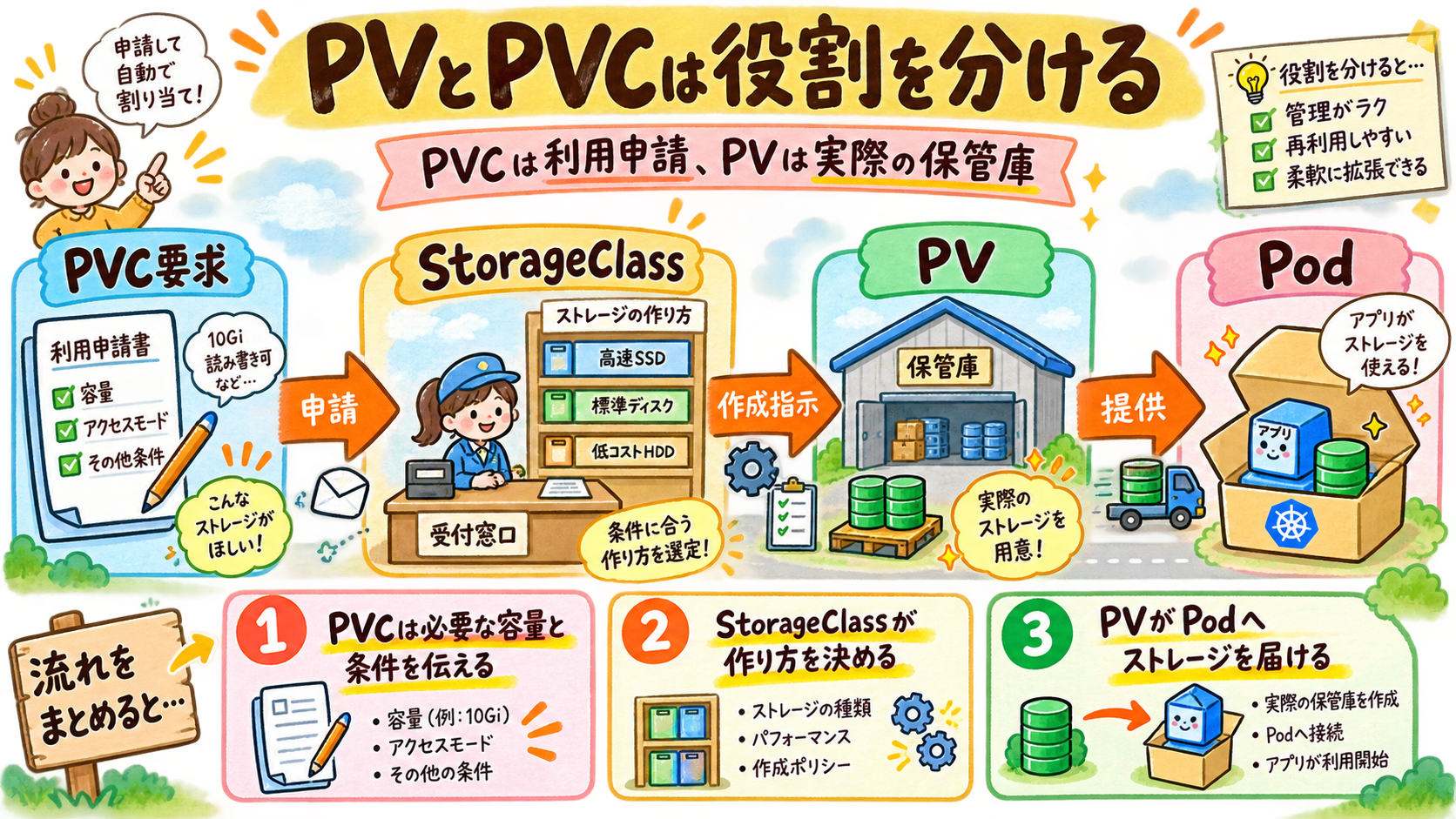 PVC要求→StorageClass→PV→Podの接続