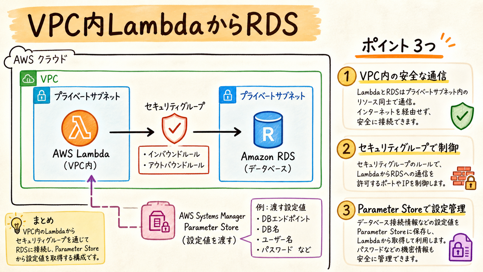 VPC内LambdaからRDSへ接続するの図解