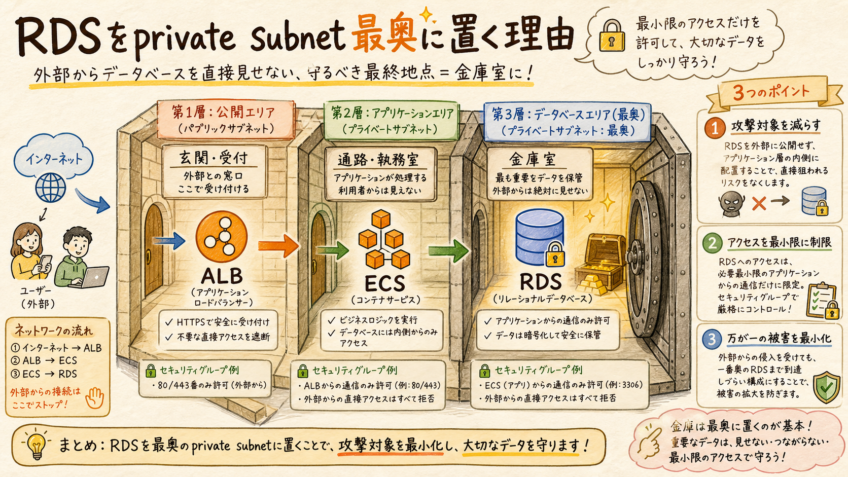 ALB、ECS、RDSを段階的に分離した構成