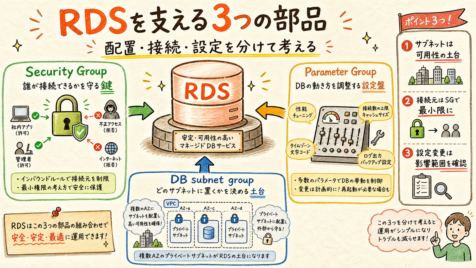 RDSをDB subnet group、Security Group、Parameter Groupで支える図