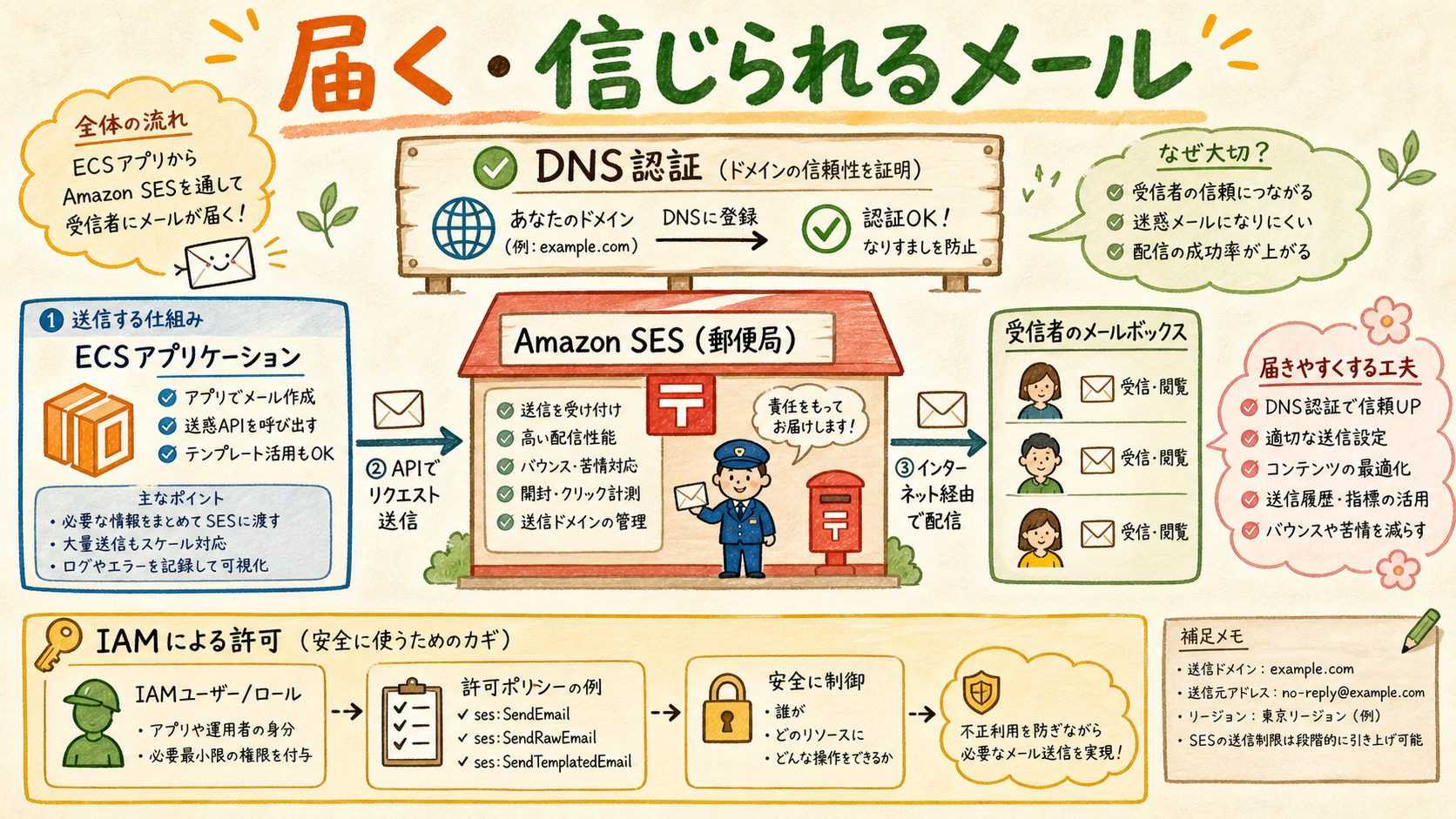 ECSアプリがSESとDNS認証を使って受信者へメールを送る図