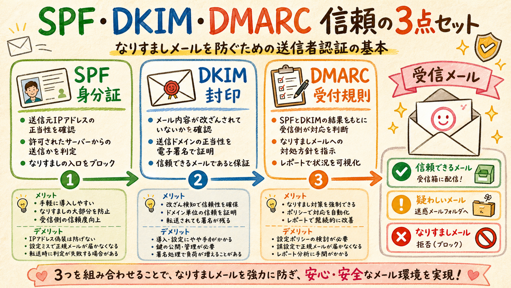 SPF DKIM DMARCの役割を並べて示す図