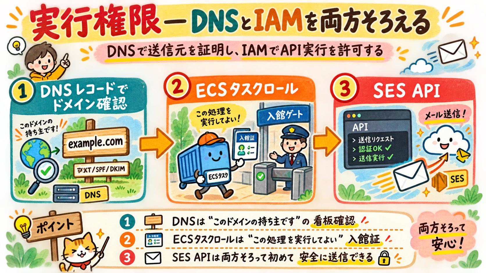 DNS認証とECS IAMロールがSES送信に必要な図