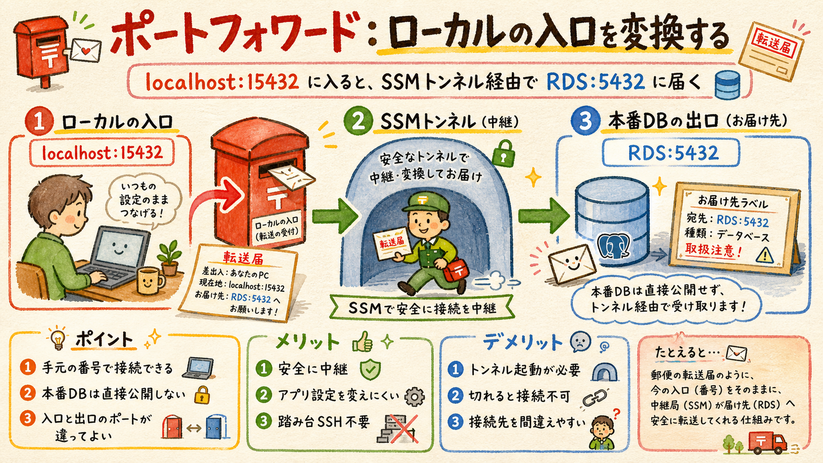 ローカル15432とRDS5432をつなぐ図