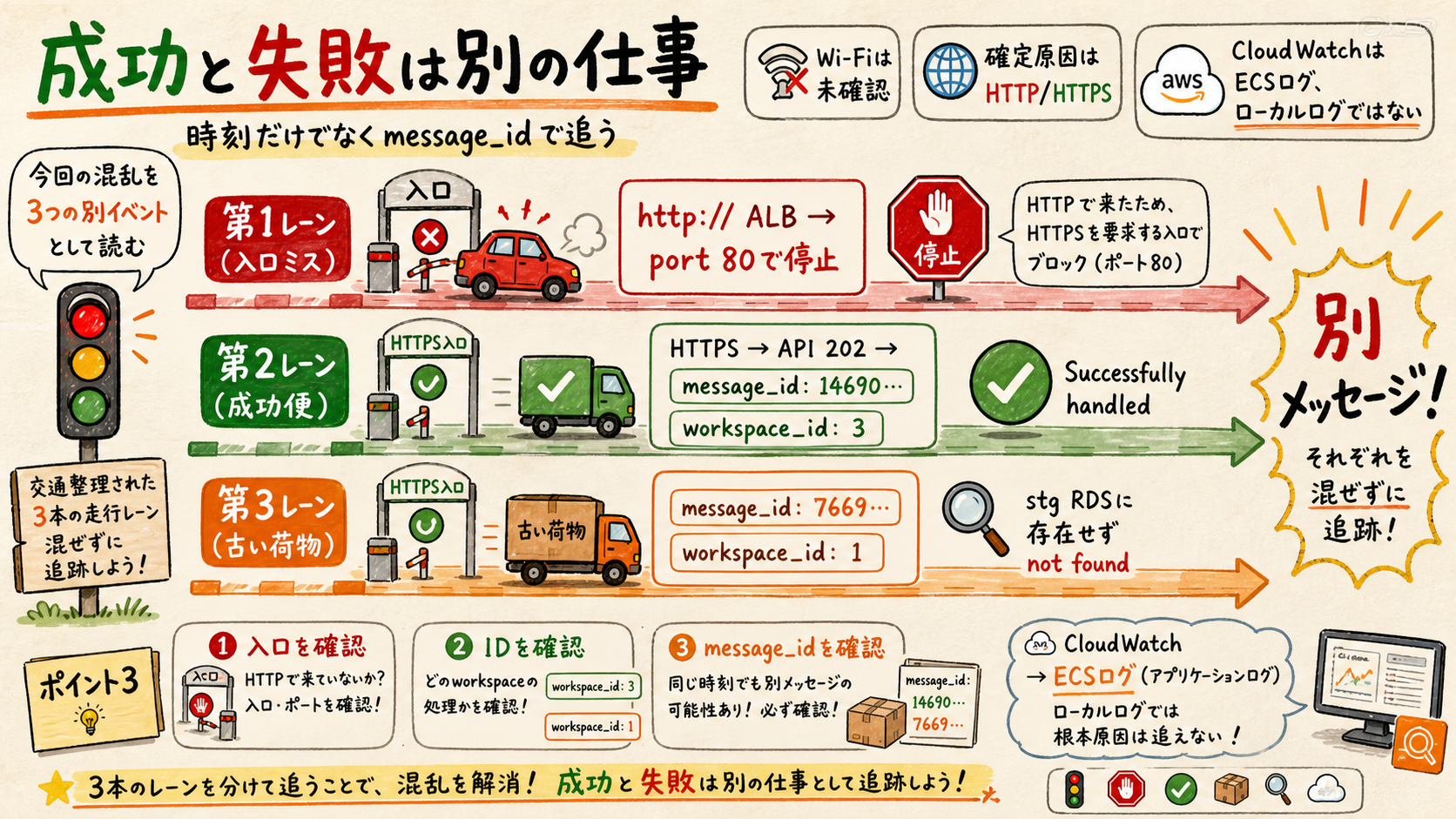 今回の接続失敗とSQS成功失敗を区別するタイムライン