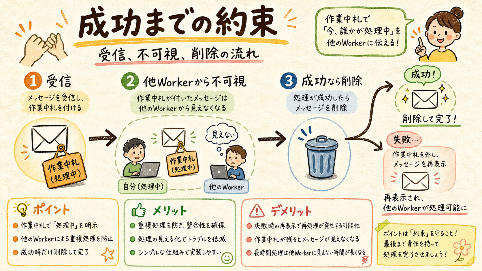 SQSメッセージの可視性タイムアウトと成功後削除を示す図