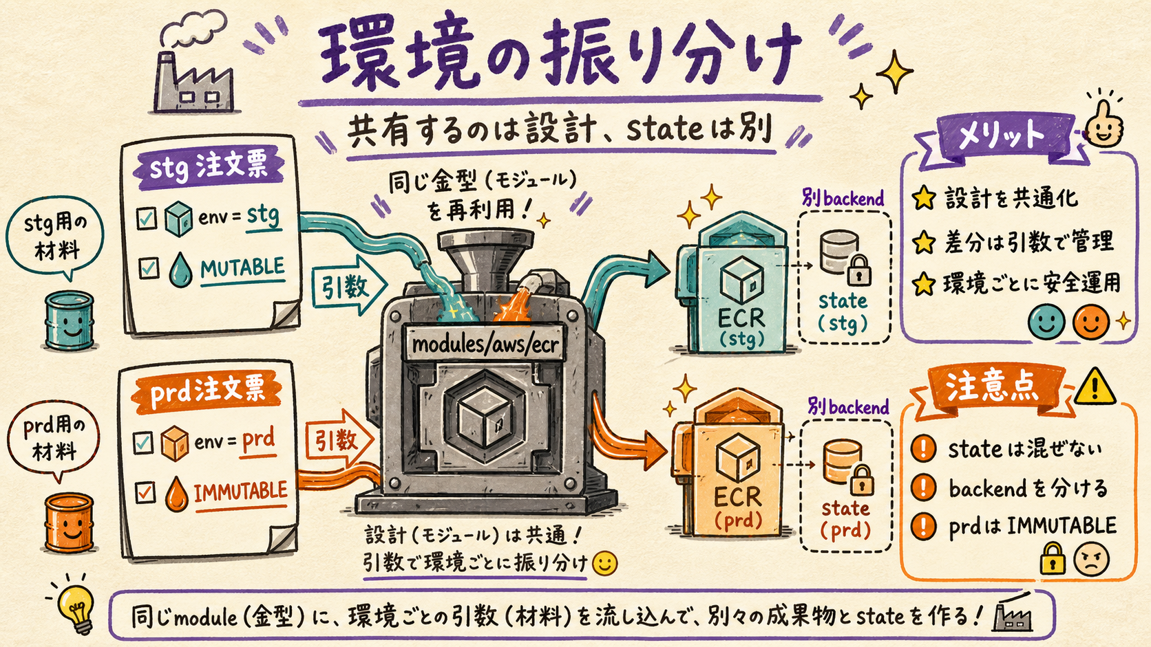 stgとprdが同じTerraform moduleを再利用する図