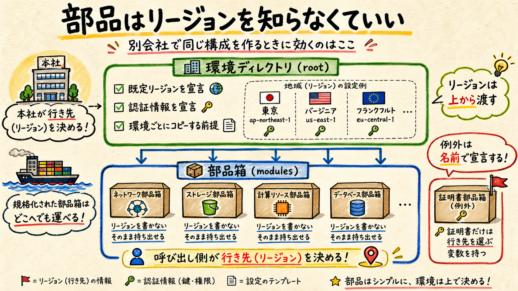 環境ディレクトリがリージョンを宣言し、その下の部品箱はリージョンを持たない上下 2 層の図